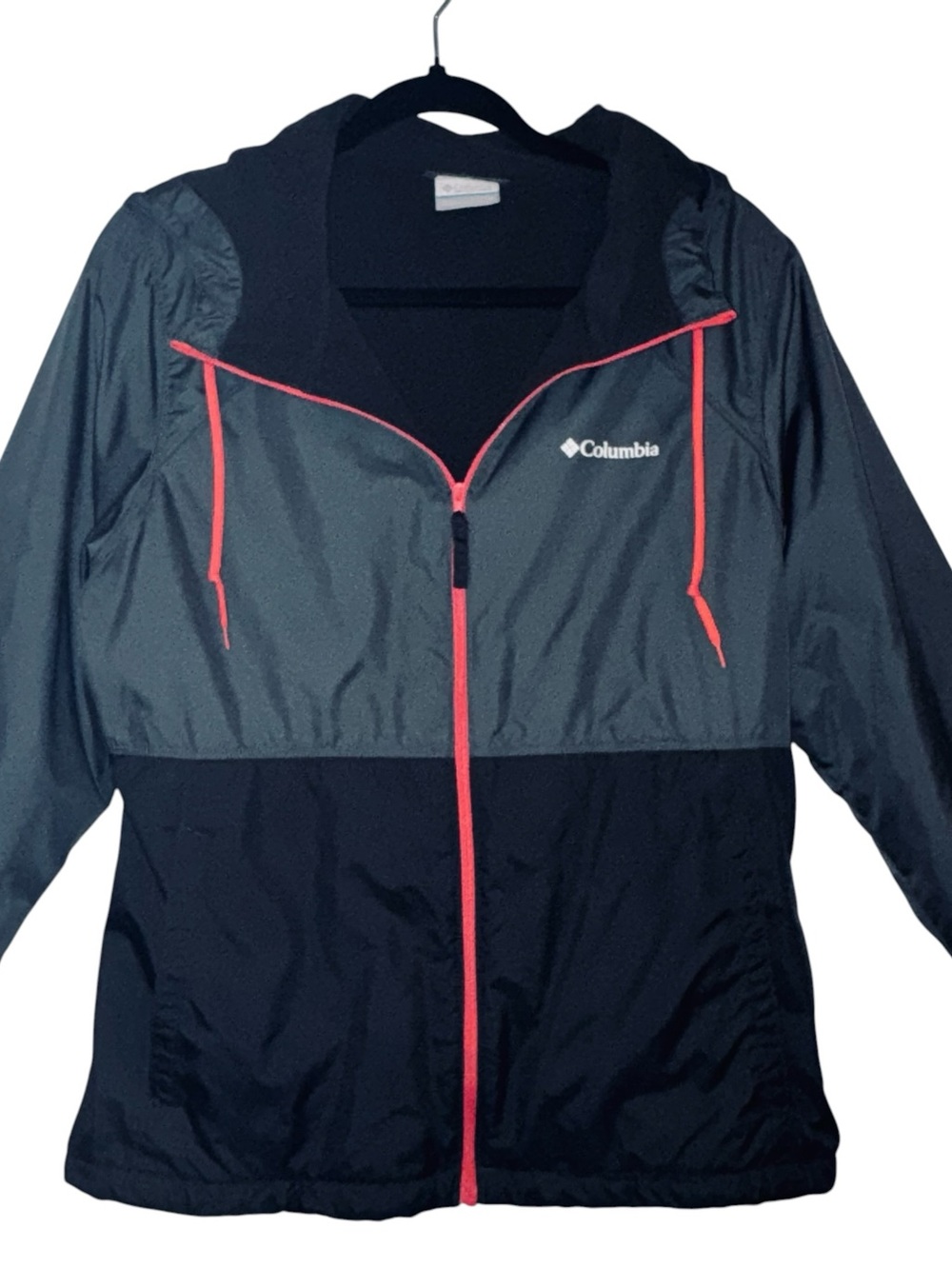 Columbia Grey Black Pink Zip Up Fleece Lined Hooded Windbreaker Jacket Medium